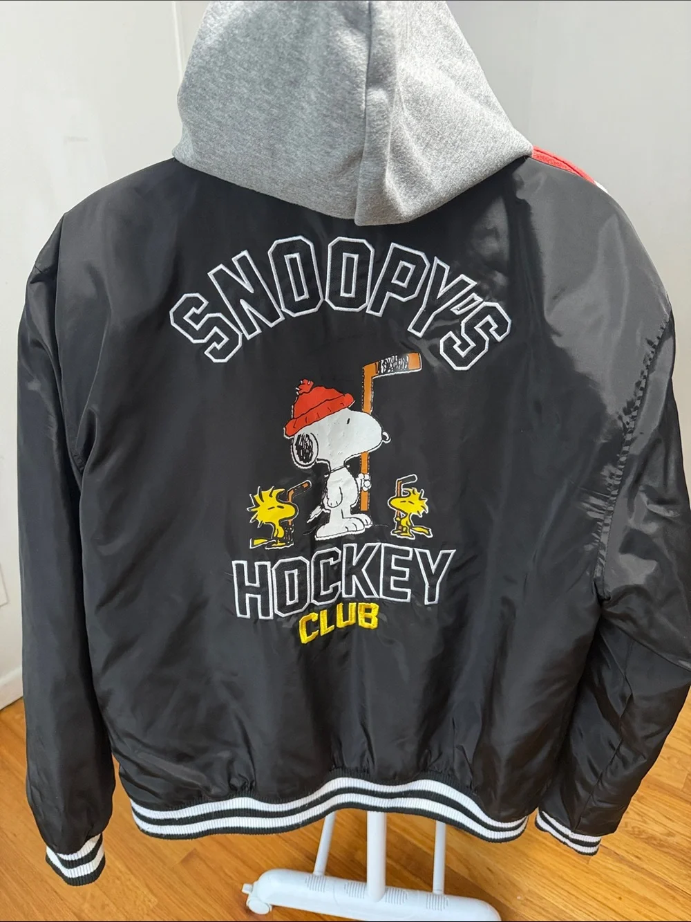 Aeropostale Black Hooded Bomber Jacket with Peanuts Snoopy Patch